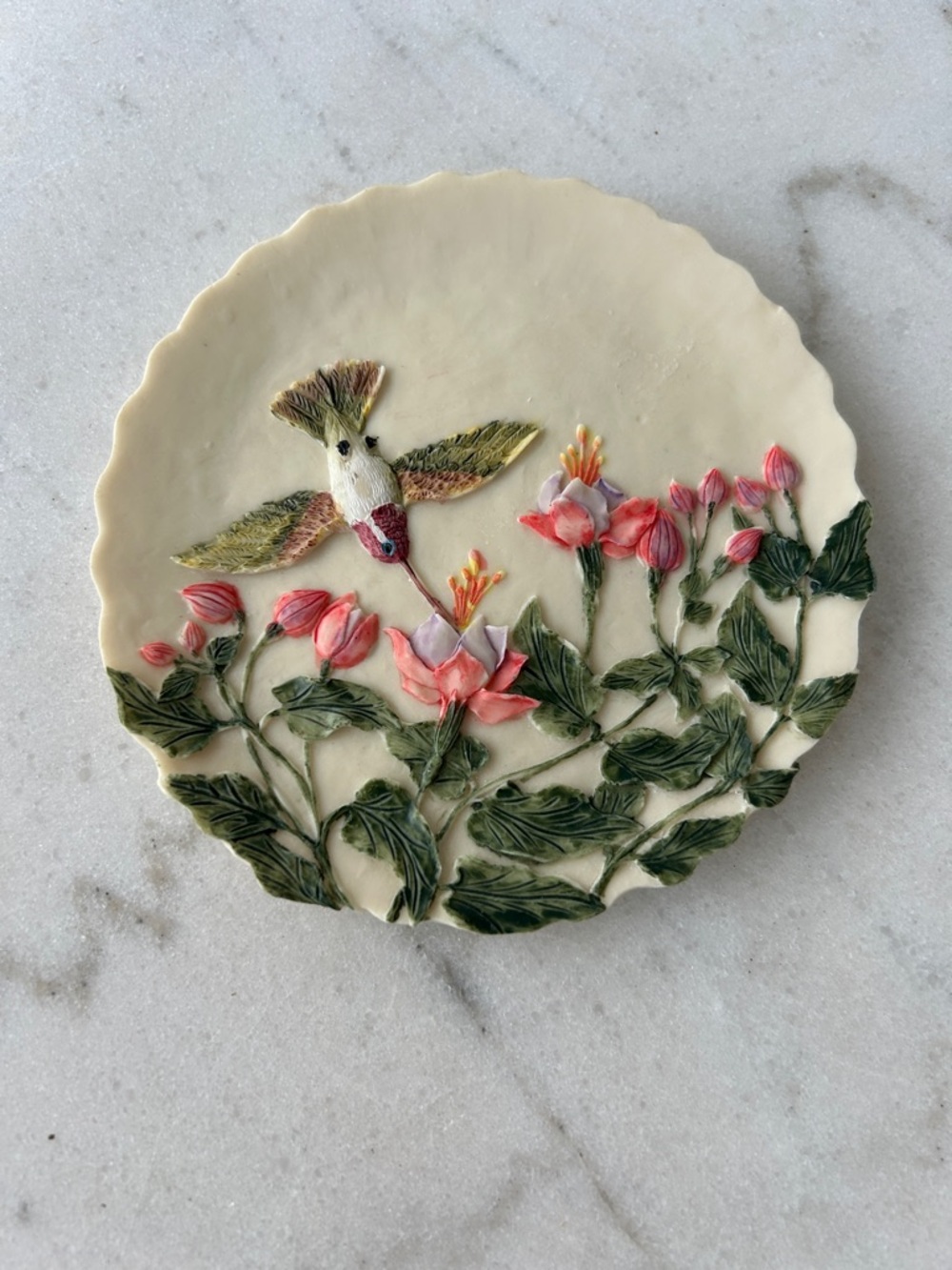 Handcrafted Ceramic Floral Plate with Hummingbird